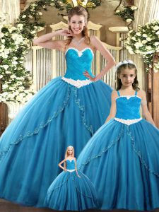 Teal Tulle Lace Up Sweetheart Sleeveless Floor Length Quinceanera Gowns Ruching