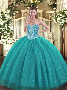 Turquoise Sweetheart Lace Up Beading Quince Ball Gowns Sleeveless