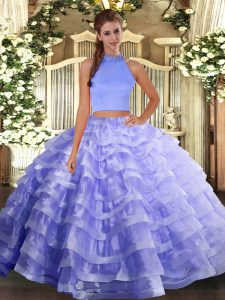 Lavender Two Pieces Halter Top Sleeveless Organza Floor Length Backless Beading and Ruffled Layers 15 Quinceanera Dress