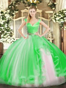Nice Sleeveless Tulle Floor Length Zipper Sweet 16 Quinceanera Dress in Green with Beading and Ruffles