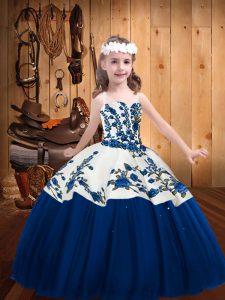 Blue Ball Gowns Embroidery Kids Formal Wear Lace Up Tulle Sleeveless Floor Length
