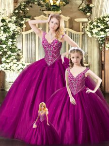 Latest Fuchsia Straps Lace Up Beading 15th Birthday Dress Sleeveless