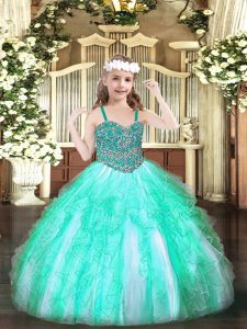 Elegant Floor Length Lace Up Pageant Dresses Apple Green for Party and Quinceanera with Beading and Ruffles