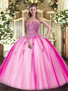 Inexpensive Hot Pink Tulle Lace Up Quince Ball Gowns Sleeveless Floor Length Beading