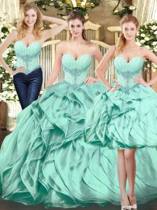 Exceptional Floor Length Lace Up Quinceanera Dresses Apple Green for Military Ball and Sweet 16 and Quinceanera with Beading and Ruffles