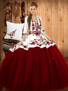 Deluxe Wine Red Sweetheart Lace Up Embroidery Sweet 16 Quinceanera Dress Sleeveless