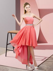 Hot Sale High Low Lace Up Vestidos de Damas Watermelon Red for Prom and Party and Wedding Party with Beading