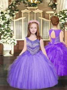 Charming Floor Length Lavender Kids Formal Wear Tulle Sleeveless Beading and Ruffles