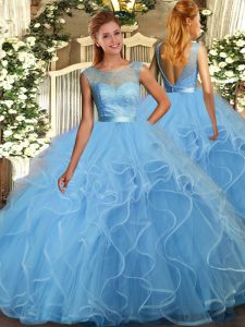 Baby Blue Tulle Backless Scoop Sleeveless Floor Length 15th Birthday Dress Lace and Ruffles