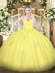 Yellow Sleeveless Appliques Floor Length Quinceanera Dresses