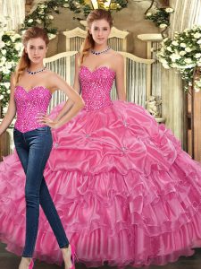 Rose Pink Two Pieces Organza Sweetheart Sleeveless Beading and Ruffles Floor Length Lace Up Sweet 16 Dress
