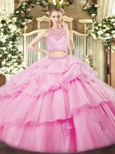 Spectacular Rose Pink Tulle Zipper 15 Quinceanera Dress Sleeveless Floor Length Beading and Ruffles