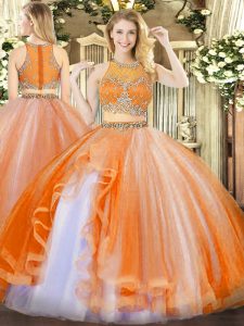 Orange Red Ball Gowns Organza Scoop Sleeveless Beading and Ruffles Floor Length Zipper Quinceanera Dresses