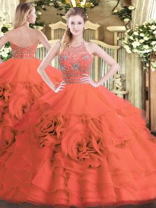Luxury Halter Top Sleeveless Sweet 16 Dresses Floor Length Beading and Ruffled Layers Red Tulle