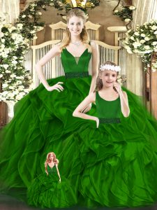 Hot Sale Green Zipper Ball Gown Prom Dress Beading and Ruffles Sleeveless Floor Length