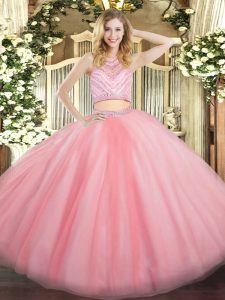 Baby Pink 15th Birthday Dress Military Ball and Sweet 16 and Quinceanera with Beading Scoop Sleeveless Zipper