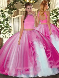 New Style Hot Pink Sweet 16 Dresses Military Ball and Sweet 16 and Quinceanera with Beading and Ruffles Halter Top Sleeveless Backless