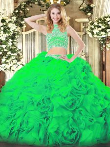 Elegant Green Sleeveless Tulle Backless Quince Ball Gowns for Military Ball and Sweet 16 and Quinceanera