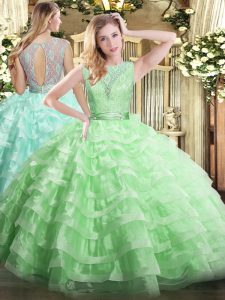 Customized Floor Length Ball Gowns Sleeveless Apple Green Quinceanera Dresses Backless