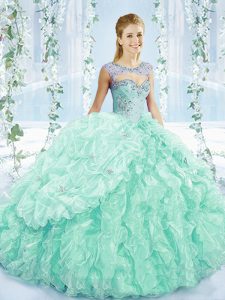Brush Train Ball Gowns Sweet 16 Quinceanera Dress Apple Green Sweetheart Organza Sleeveless Lace Up