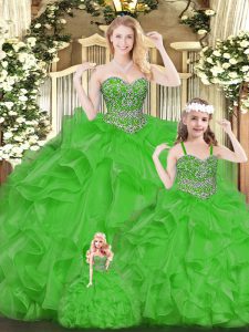 Best Selling Green Organza Lace Up Quinceanera Gowns Sleeveless Floor Length Beading and Ruffles