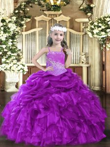 Purple Straps Neckline Beading and Ruffles Pageant Gowns For Girls Sleeveless Lace Up
