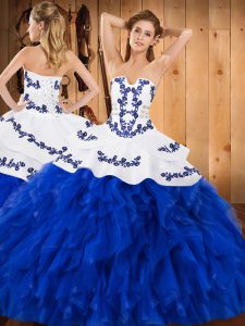Sumptuous Royal Blue Strapless Neckline Embroidery and Ruffles Vestidos de Quinceanera Sleeveless Lace Up