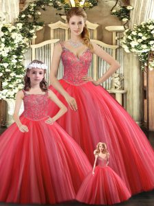 Floor Length Coral Red Sweet 16 Dress Tulle Sleeveless Beading