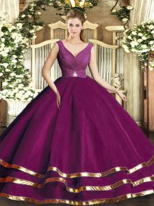 Fancy Fuchsia Sleeveless Tulle Backless Sweet 16 Dresses for Sweet 16 and Quinceanera