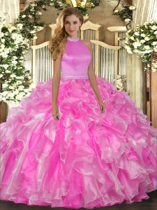 Sleeveless Organza Floor Length Backless Quinceanera Dress in Rose Pink with Beading and Ruffles