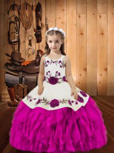 Fuchsia Organza Lace Up Little Girls Pageant Gowns Sleeveless Floor Length Beading and Ruffles