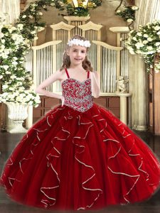 Wine Red Straps Lace Up Beading and Ruffles Little Girls Pageant Dress Sleeveless