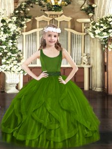 Great Olive Green Zipper Scoop Beading and Ruffles Kids Pageant Dress Tulle Sleeveless