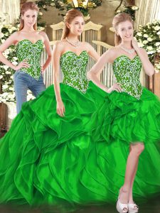 Deluxe Green Lace Up 15th Birthday Dress Beading and Ruffles Sleeveless Floor Length