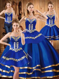 Luxury Sweetheart Sleeveless 15th Birthday Dress Floor Length Embroidery Blue Satin and Tulle