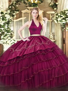Burgundy Two Pieces Organza and Taffeta Halter Top Sleeveless Embroidery and Ruffled Layers Floor Length Zipper 15 Quinceanera Dress
