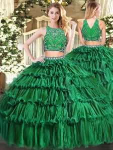 Custom Design Sleeveless Beading and Appliques and Ruffled Layers Zipper Ball Gown Prom Dress
