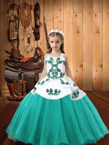 Aqua Blue Organza Lace Up Little Girls Pageant Gowns Sleeveless Floor Length Embroidery