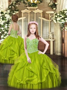 Tulle Sleeveless Floor Length Pageant Dress for Womens and Beading and Ruffles
