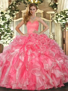 Admirable Floor Length Watermelon Red 15th Birthday Dress Organza Sleeveless Beading and Ruffles