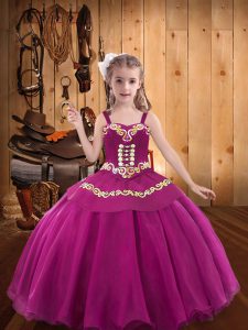 Fuchsia Straps Lace Up Embroidery and Ruffles Kids Pageant Dress Sleeveless