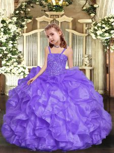 Floor Length Lace Up Little Girl Pageant Gowns Lavender for Party and Sweet 16 and Quinceanera and Wedding Party with Beading and Ruffles