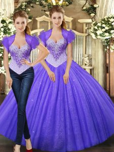 Comfortable Purple Sweet 16 Dresses Military Ball and Sweet 16 and Quinceanera with Beading Straps Sleeveless Lace Up