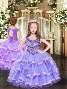 Sleeveless Organza Floor Length Lace Up Pageant Gowns For Girls in Lavender with Beading and Ruffled Layers