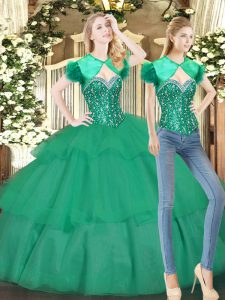 Floor Length Lace Up Quinceanera Dress Turquoise for Military Ball and Sweet 16 and Quinceanera with Beading and Ruffled Layers