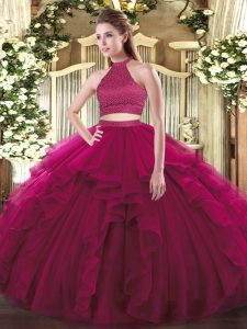 Latest Fuchsia Two Pieces Halter Top Sleeveless Tulle Floor Length Backless Beading and Ruffles Quinceanera Dress