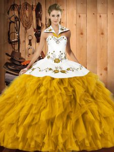 Embroidery and Ruffles Quinceanera Gown Gold Lace Up Sleeveless Floor Length