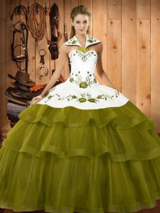 Halter Top Sleeveless Organza Quinceanera Gown Embroidery and Ruffled Layers Sweep Train Lace Up