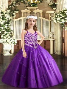 Gorgeous Purple Ball Gowns Beading and Appliques Pageant Gowns Lace Up Tulle Sleeveless Floor Length