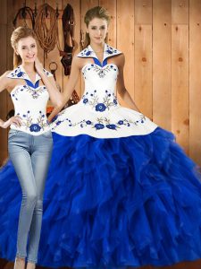 Blue And White Three Pieces Halter Top Sleeveless Satin and Organza Floor Length Lace Up Embroidery and Ruffles Quince Ball Gowns